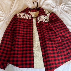 Sherpa lined flannel shirt. Lace detail at the top.